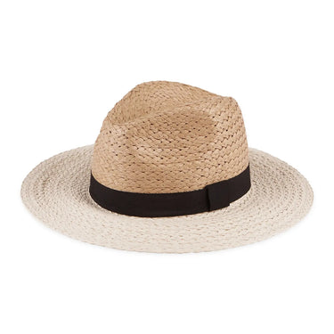 Beige straw hat with a black band on a white background