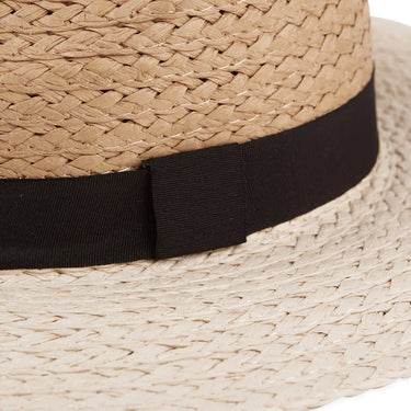 Close-up of a straw hat with a black band on a white background
