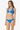 Woman wearing a blue bikini on a white background