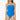 Woman wearing a blue strapless swimsuit on a white background