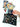 A cosmetic zipper pouch in black with world landmark pictures printed onto it a woman putting a passport and postcards into it