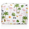 a white medium pouch with a tropical flamingo print on a white background