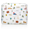 A medium white zipper pouch with world landmarks on it
