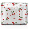 A metallic silver medium zippered pouch with red cherries on it on a white background 