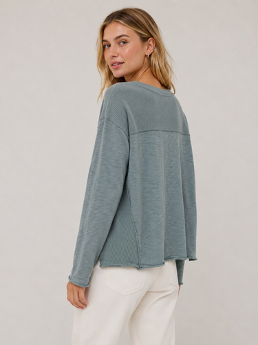 Jewel Long Sleeve Waffle Mix Top in Celes-teal by Mododoc