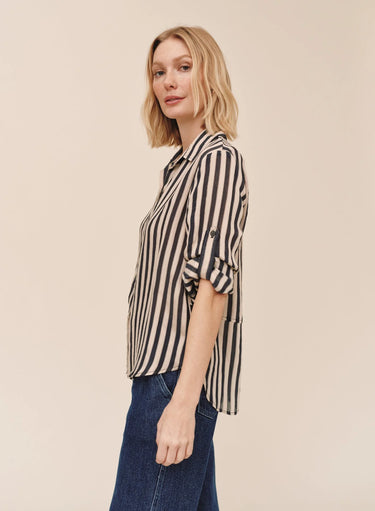 Split Back Button Down in Black-Ecru Stripe by Bella Dahl