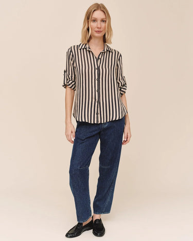Split Back Button Down in Black-Ecru Stripe by Bella Dahl