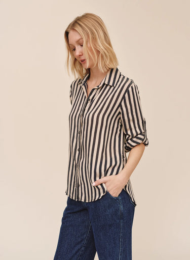 Split Back Button Down in Black-Ecru Stripe by Bella Dahl