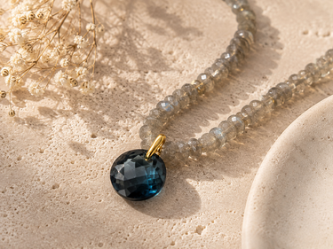 Labradorite Beaded Necklace with Blue Crystal Pendant