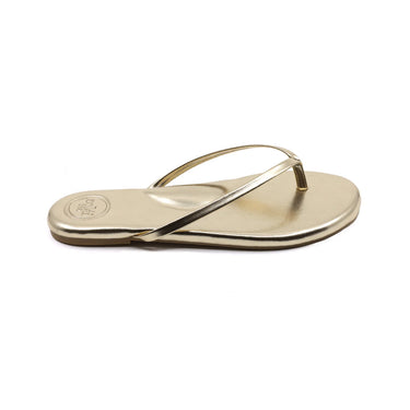 Metallic gold flip flop side view on white background