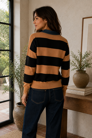A woman wearing a tan and black horizontally striped knit sweater and dark blue jeans, standing in a warm, rustic indoor setting with a window, potted plants, and a wooden console table.