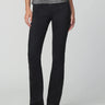 Black slim bootcut jeans styled with a metallic silver top and pointed-toe black heels on a model.