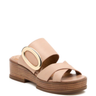 Light pink sandal with a gold buckle on a white background