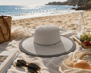 Woven sun hat on a beach with sunglasses, book, and fruit