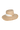A natural straw hat with a tie on a neutral background