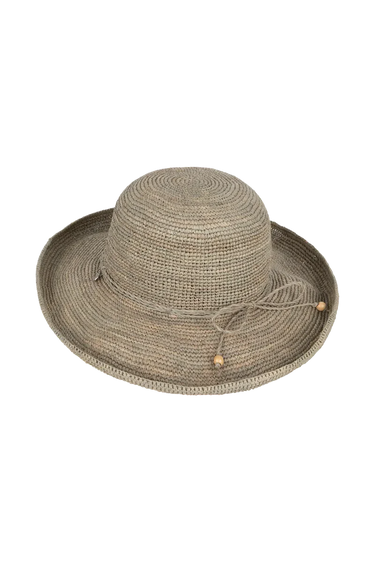 a grey upturn hat on a neutral background