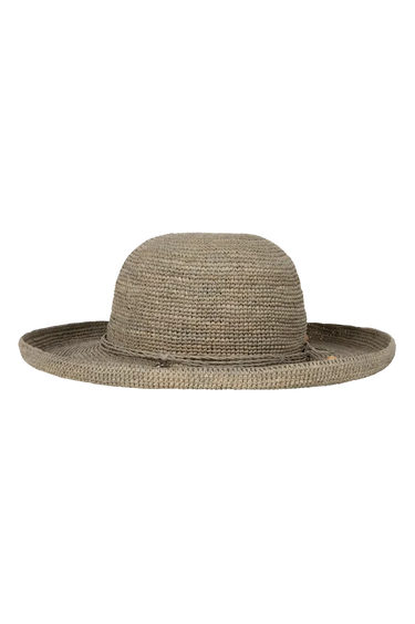 a grey upturn hat on a neutral background