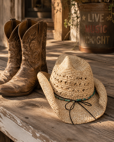 Brown cowboy boots and straw hat on a wooden surface with 'Live Music Night' sign in the background.