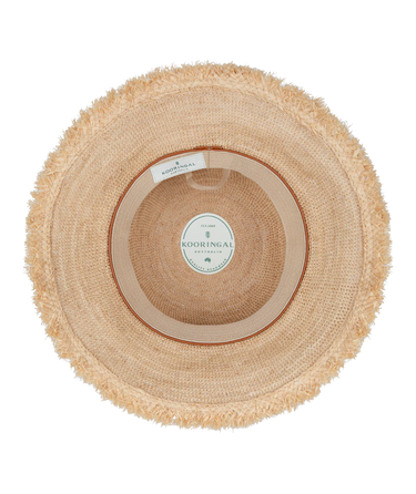 Beige woven hat with a brand label on a white background