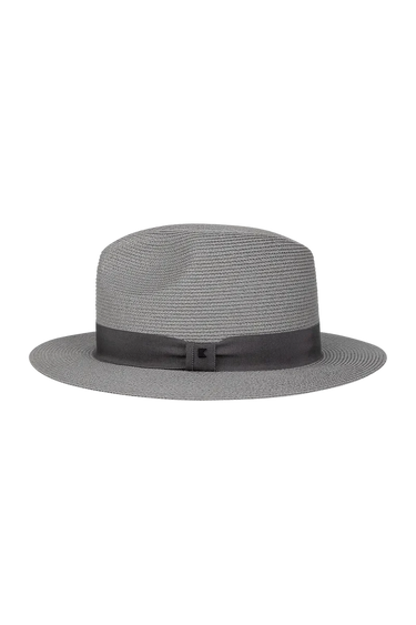 A grey fedora on a neutral background