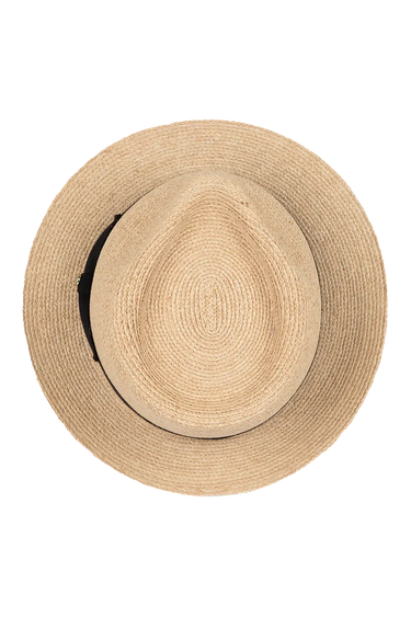 The top of a natural fedora on a neutral background 