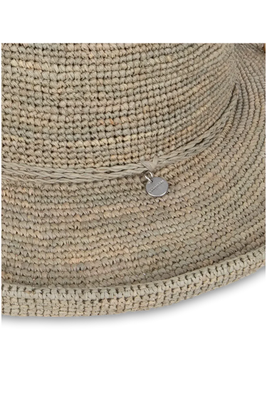 A close up of a grey upturn hat on a neutral background