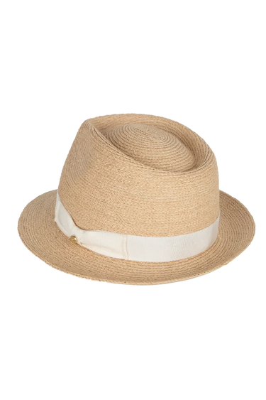 Beige straw hat with a white band on a white background