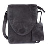 Black leather crossbody bag with rounded flap, adjustable shoulder strap, tonal stitching, and softly textured leather finish.