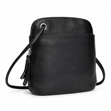 Black leather crossbody bag with a strap on a white background