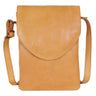 Tan leather crossbody bag on a white background