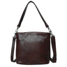 Brown leather shoulder bag with a strap on a white background