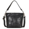 Black leather handbag with geometric pattern on a white background