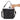Black leather handbag with a hand reaching in to place a phone inside, on a white background