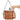 Brown leather handbag with a hand reaching in to place a phone inside, on a white background