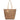 A tan leather tote bag with an embossed floral pattern, featuring dual shoulder straps, a small leather brand plaque, and a decorative hanging tag.