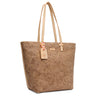 Brown embossed tote bag with beige handle on a white background