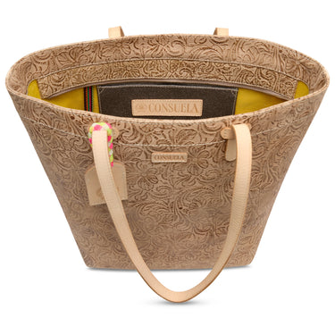 Beige embossed handbag with floral pattern on a white background