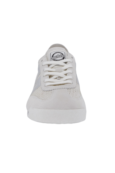 White sneaker with a brand logo on a white background