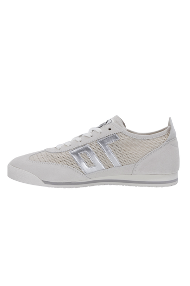 Gray sneaker with white stripes on a transparent background