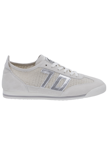 Silver sneaker with a brand logo on a white background