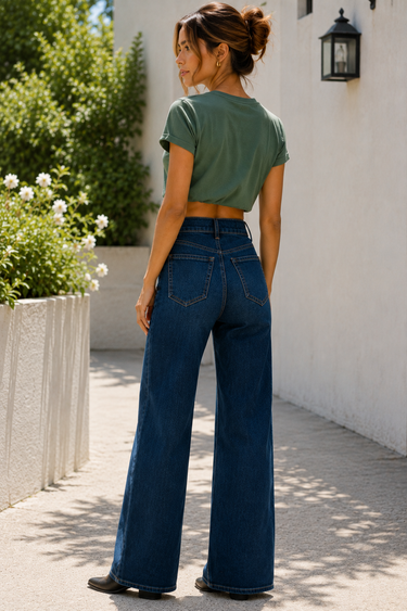 A woman stands outdoors in a sunlit alley wearing a cropped sage green t-shirt and high-waisted, wide-leg dark blue jeans, viewed from behind.