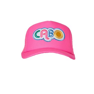 A bright pink trucker-style cap featuring a colorful embroidered 'CAB' logo and a yellow sun patch on the front, set against a plain white background.