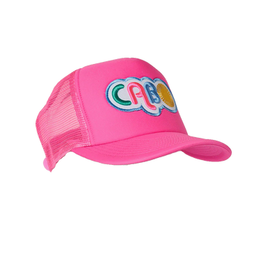 A bright pink trucker hat with a curved brim and mesh back panels, featuring a colorful embroidered 'CABOO' logo on the front panel.