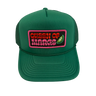 A green trucker hat with a front patch reading 'QUEEN OF MARGS' in red and pink letters with a lime wedge graphic, shown on a plain white background.