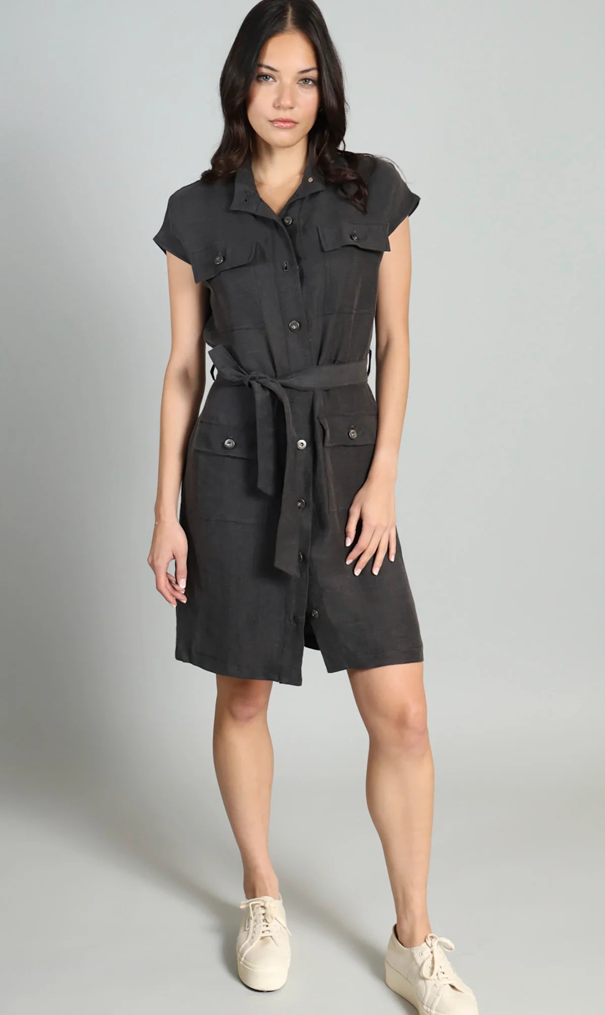Linen Belted Safari Dress in Charcoal by Lola & Sophie Small / CHARC