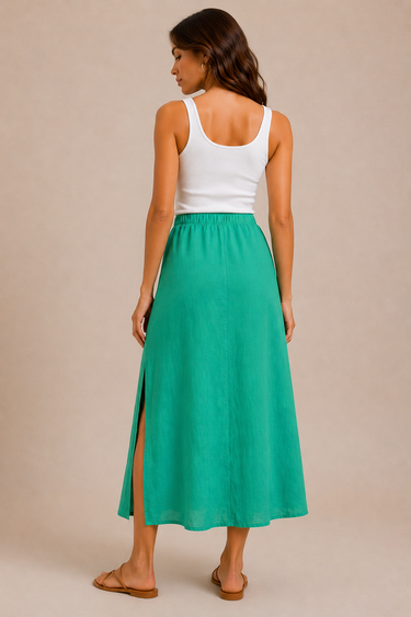 A woman wearing a green Midi skirt and a white tank on a neutral background