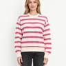 A woman wearing a cashmere beige pink-striped sweater on a white background.