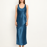 Ivana Petrol satin column dress, front view with scoop neck, sleeveless silhouette and diagonal seam