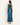 Ivana Petrol satin column dress, back view showing paneled design and long flowing hem
