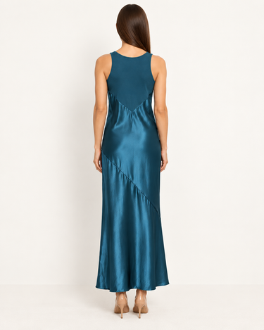 Ivana Petrol satin column dress, back view showing paneled design and long flowing hem